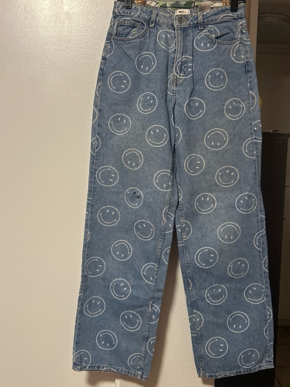 Relaxed Fit Blue Denim Jeans with White Smiley Print